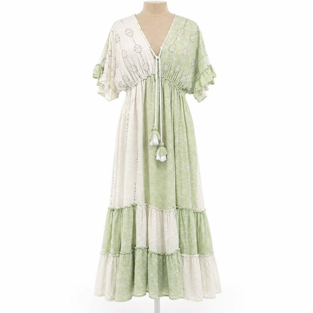 Vintage Y2K Zury Floral Tiered Maxi Dress Size L Green Tassel Cottagecore Boho